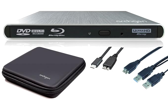 Archgon Externer 4K-UHD Player Blu-ray Brenner USB 3.0 USB-C BDXL Stream, Tray Load disc Drive Pioneer BDR-UD04 UHD Blue-ray,