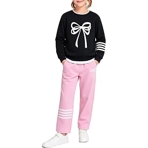 Kuwnrder Girls Outfit Bow Print Crewneck Sweatshirt Striped Jogger Pants Fall Winter Outfit Set 6-14Y