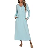 Marvmys Womens Long Sleeve Nightgowns Long Button Up Night Gown Henley V Neck Full Length Sleep Shirts with Pocket