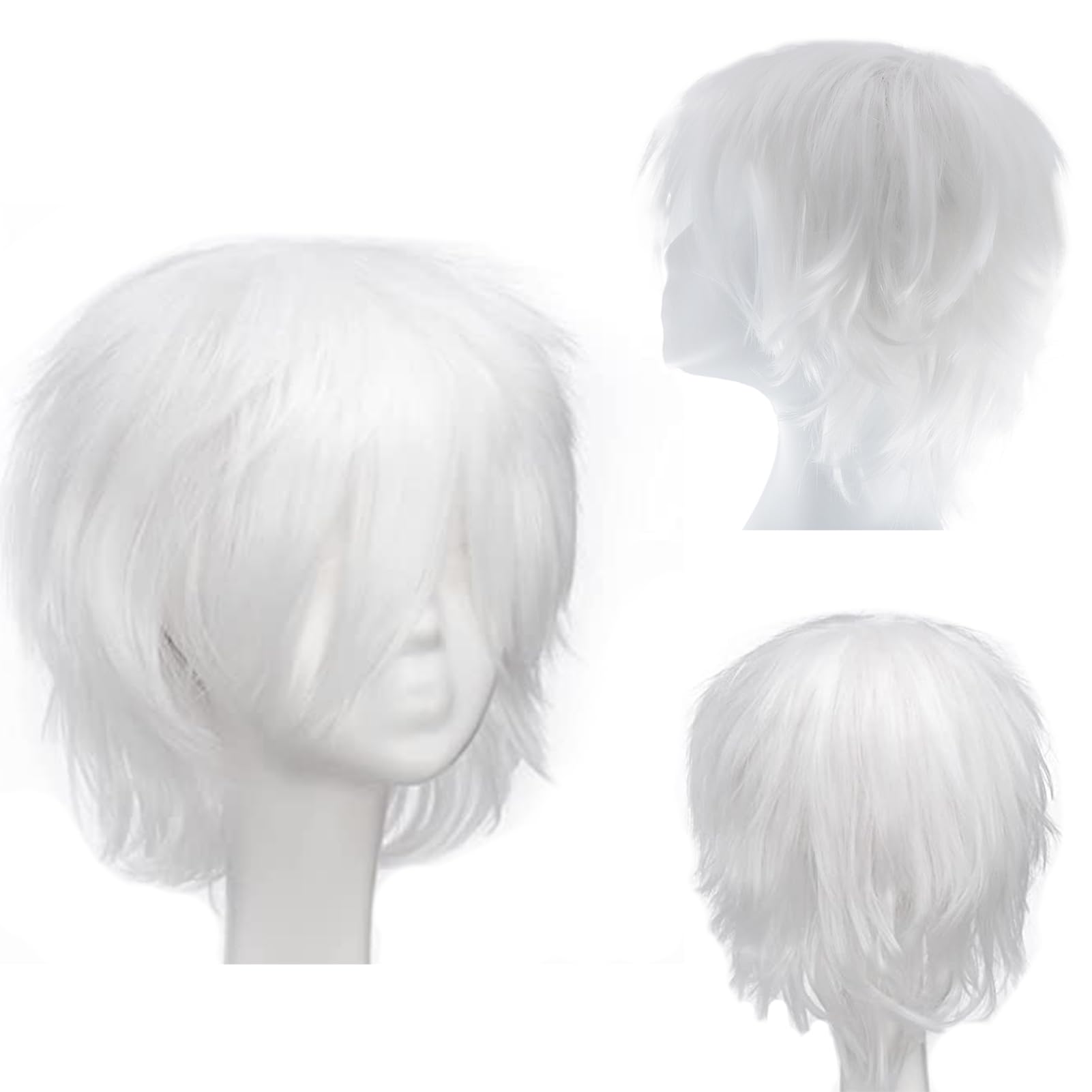 Dcbaboo White Wig Short Curly Wig Men/Women Wigs Anime Cosplay Wig 12" Natural Fluffy Layered Straight Hair Unisex Halloween Wig Fancy Dress Synthetic Full Wig with Wig Cap