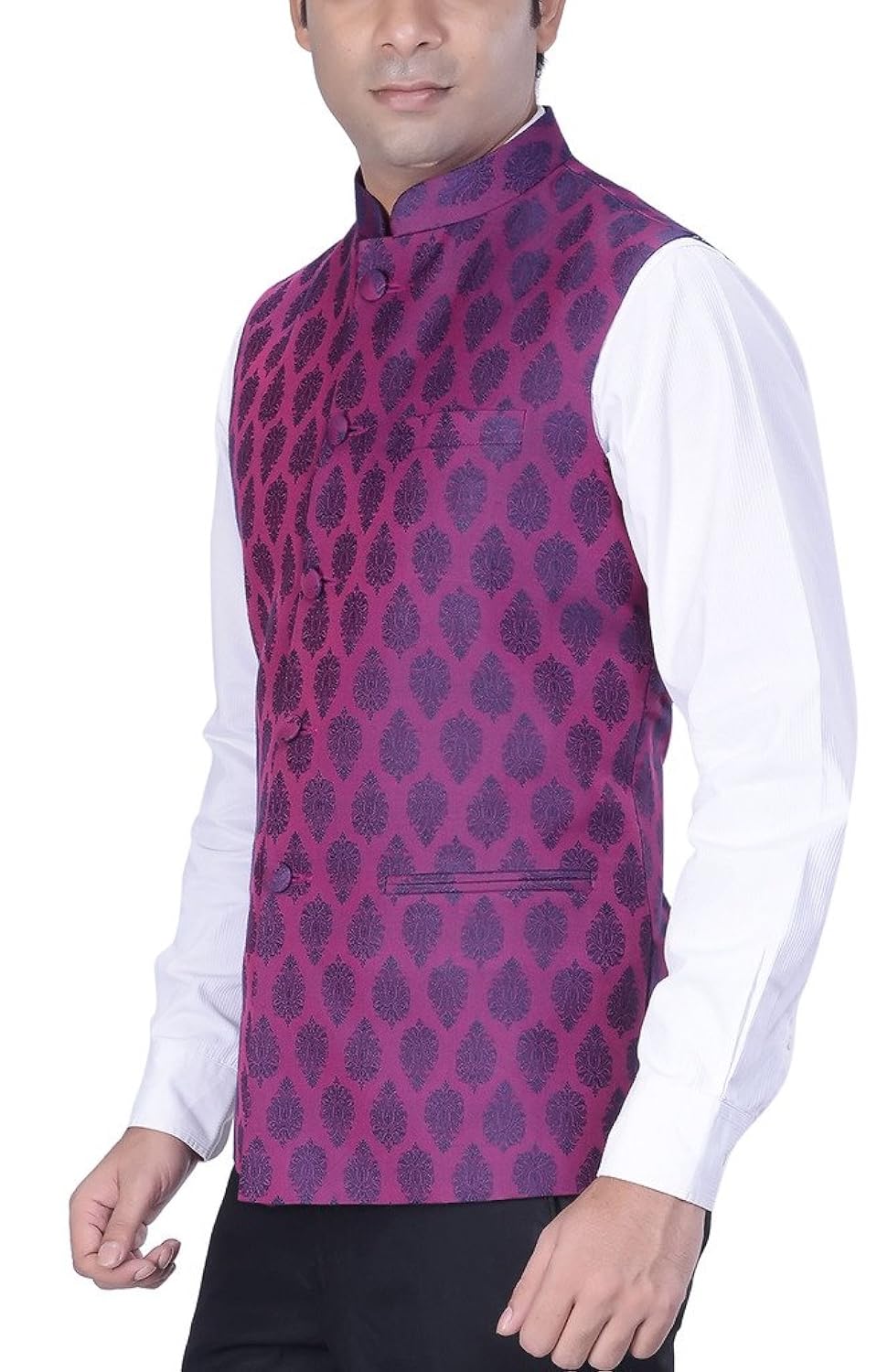 kisah men's woven cotton silk purple nehru jacket