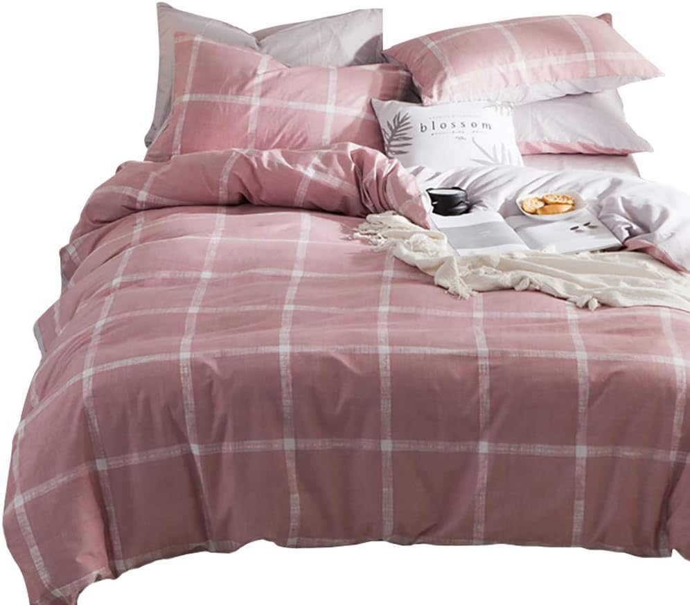 Luofanfei Pink Gingham Duvet Cover Single Geometric for Girls Coral