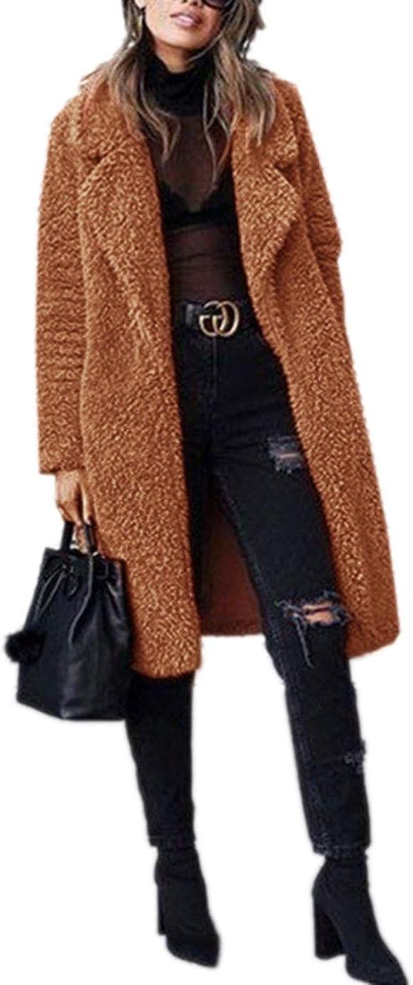 Tngan Womens Faux Fur Coat Jacket Lapel Long Shaggy Overcoat Winter Outwear