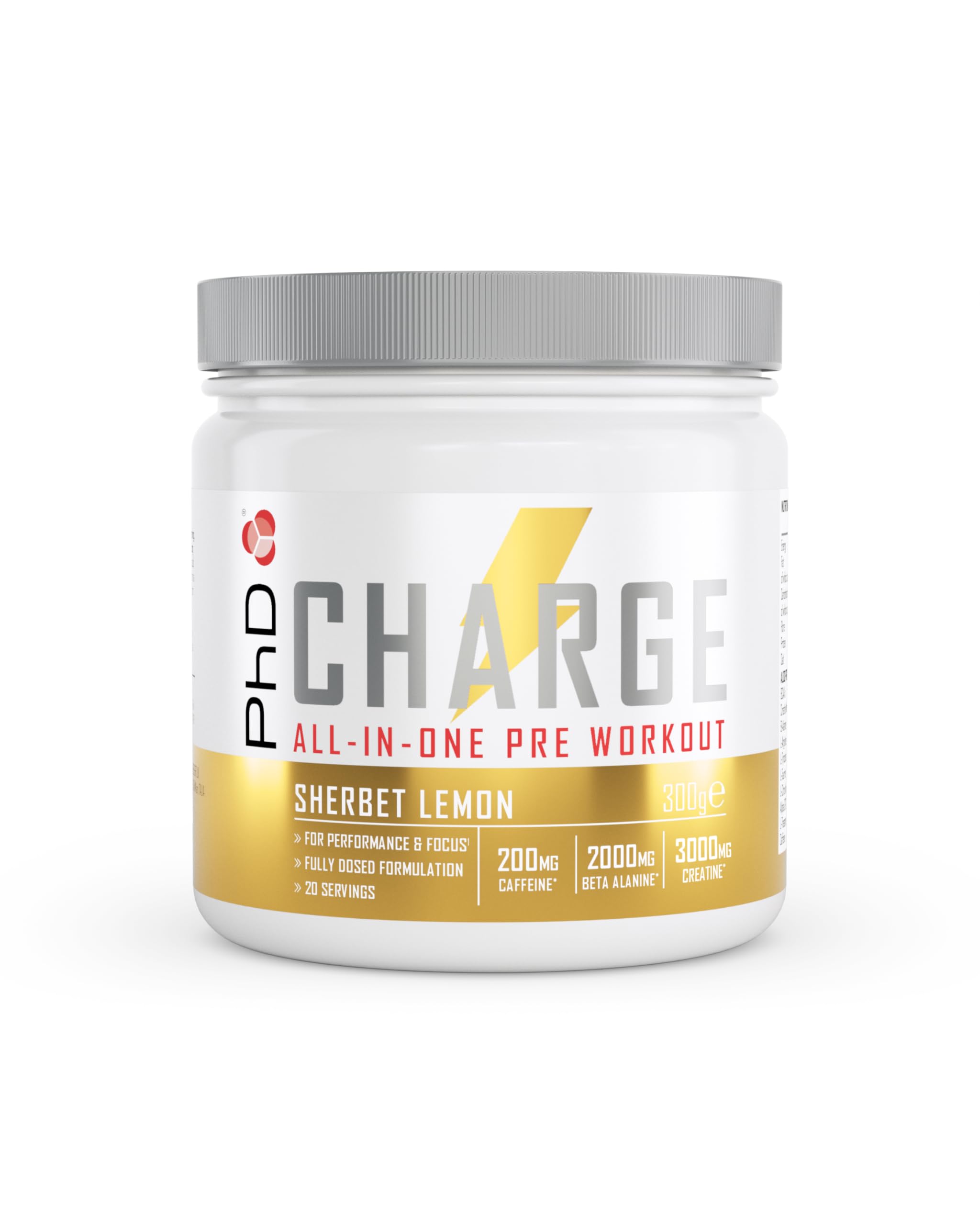 PhD Charge, All in One Pre Workout Powder with Creatine for Women and Men, Rich in Beta Alanine, High Caffeine for pre-Workout, Sherbert Lemon Flavour, 20 Servings Per 300g Bottle