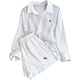SweatyRocks Women's 2 Piece Outfits Button Down Shirts Lounge Linen Sets and Mini Shorts Pajama Gauze Set Beachwear