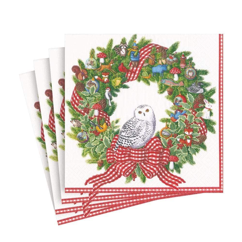 Caspari Snowy Owl Wreath Paper Luncheon Napkins, 20 Per Package