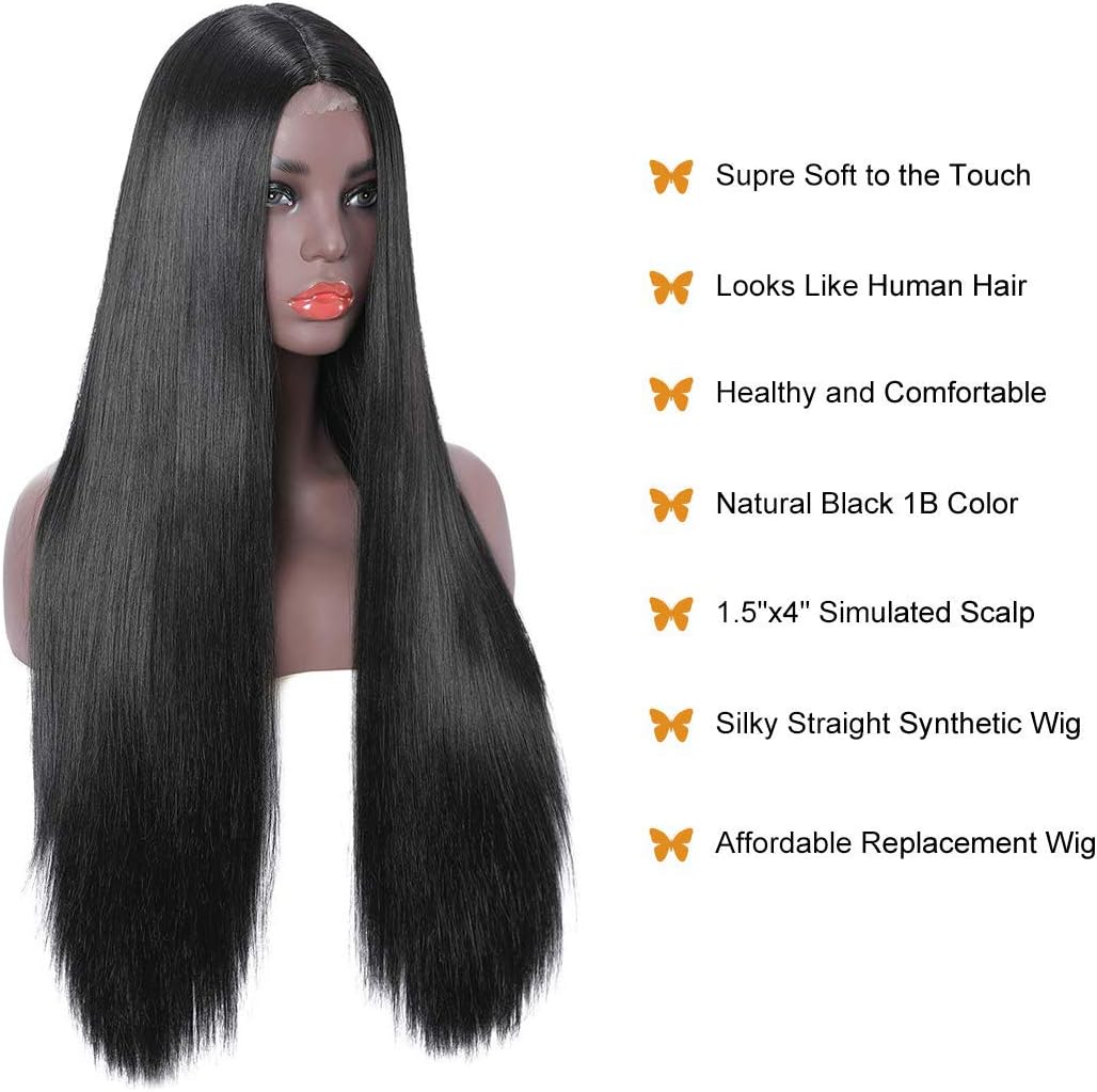 PORSMEER Natural Looking Wig Glueless Lace Hair Line Long Black Synthetic Heat Resistant Wigs for Women Ladies Silky Straght Middle Parting Wig,26 Inch - Image 5