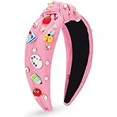 CTZENWAY Teacher Headbands for Women, Teacher Valentines Day Gifts, Pearl Rhinestone Back to School Headband for Girls, Jeweled Top Knot Embellished Hairband, Teachers Hair Accessories Outfits (Pink)