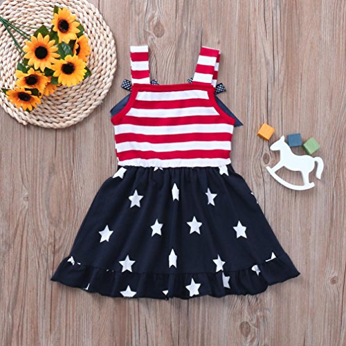 Minisoya Toddler Kids Baby Girls 4th of July Outfit Princess Beach Sundress Cute Bowknot Stars Striped Straps Dress (Blue, 24M)