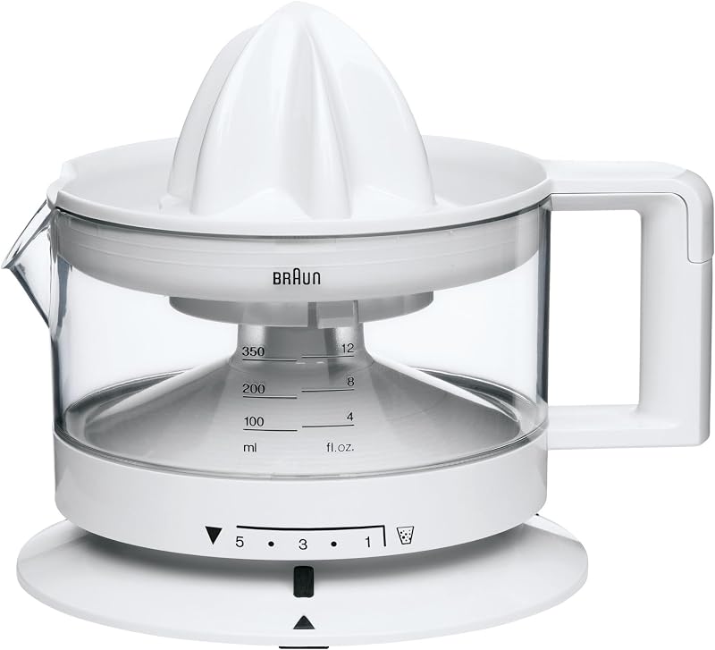 CJ3000 WH - Exprimidor Eléctrico de Naranjas, 20 W, 350 ml, Cantidad de Pulpa Ajustable, Apto para Lavavajillas, Diseño Icónico, Blanco
