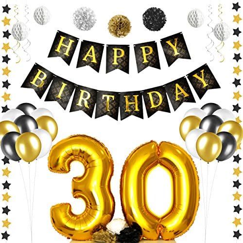 30th Birthday Party Decorations Kit - Gold and Black Happy 30th Birthday Banner for Men and Women - Gold 30th Birthday Balloons - Number 30 Birthday Decor - Thirty Birthday Decorations Party Supplies