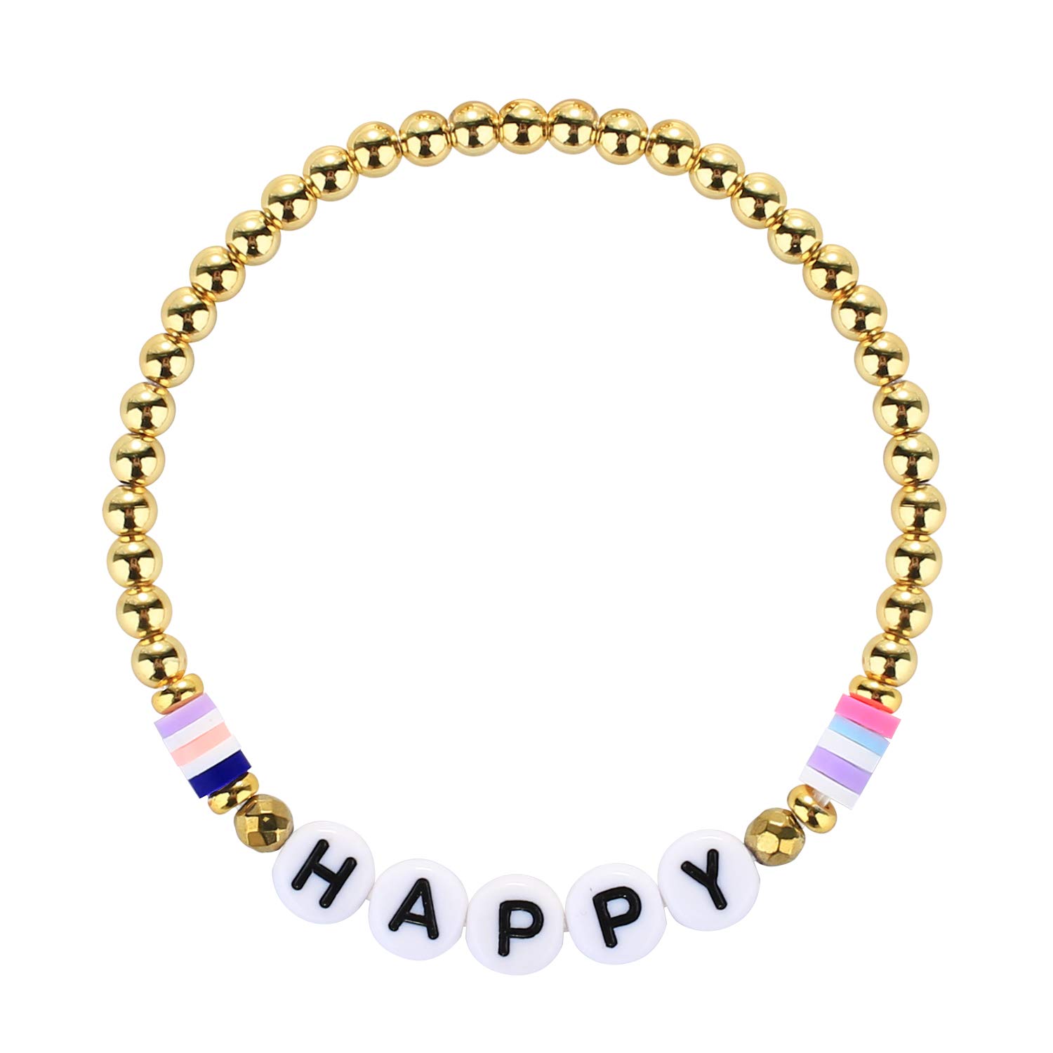 C·QUAN CHI Gold Round Beaded Bracelet Happy Letter Bracelet Elastic Bracelets Cuff Bangles Gifts For Women
