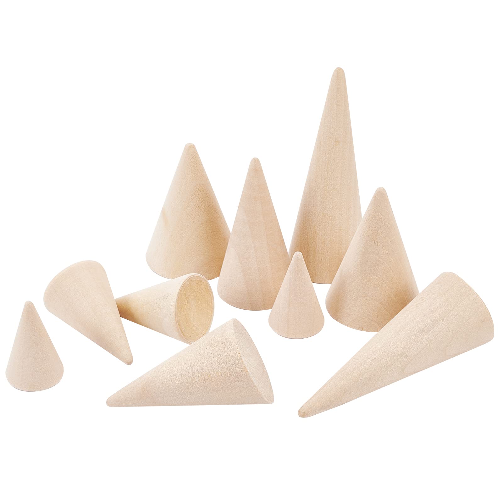 FINGERINSPIRE 10pcs Wooden Cone Ring Holder 5 Different Size Wood Ring Display Stand Rings Display Holder Ring Jewelry Organizer Holders DIY Craft Wooden Cone Stand Ring Jewelry Display Rack