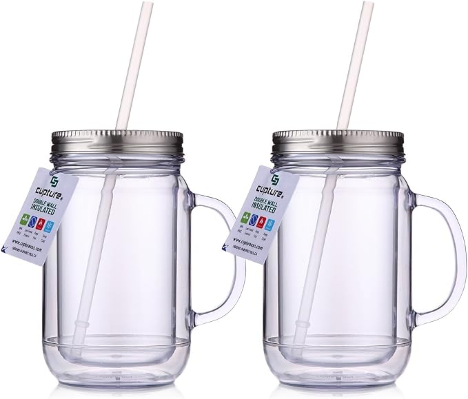 Cupture 2 Vintage Clear Mason Jar Tumbler Mug with Stainless Steel Lid