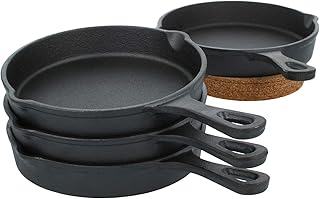 com-four® 10-teiliges Tapas Set mit Tapas Pfanne aus Gusseisen und Korkuntersetzer - kleine Servierpfanne - Minipfanne (10-teilig - 13.5cm - rund)