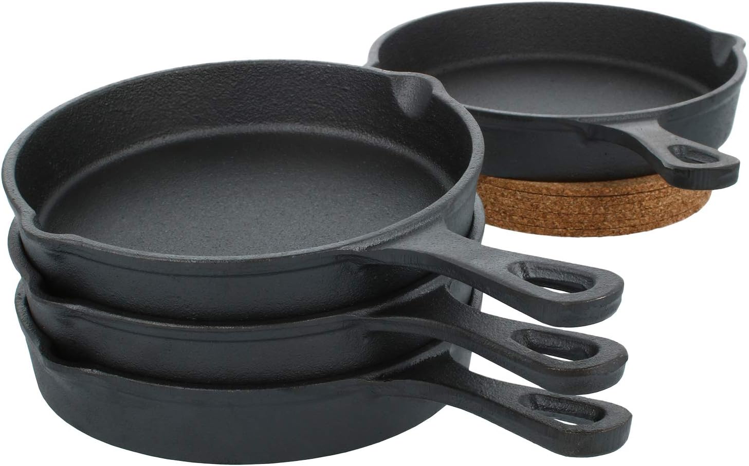 com-four® 10-teiliges Tapas Set mit Tapas Pfanne aus Gusseisen und Korkuntersetzer - kleine Servierpfanne - Minipfanne (10-teilig - 13.5cm - rund)
