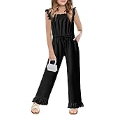 Yousify Girls Jumpsuit Kids Fashion Ruffle Sleeve Belted Wide Leg Romper One Piece Summer Outfits with Pockets 5-14 Years