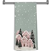 WDSFHYJK Christmas Winter Kitchen Towels Decorative, Winter Snowy Pink Town Christmas Hand Tea Towels for Bathroom, Xmas Snowflakes Holiday Dish Towel Dishcloth, 16x24 Inch