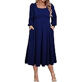 Eytino Womens Plus Size Dress Square Neck Long Sleeve Midi Sweater Dresses with Pockets(1X-5X)