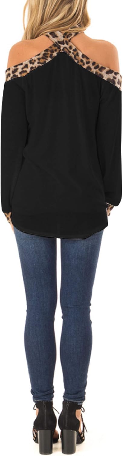 Minclouse Women's Off The Shoulder Long Sleeve Tunic Tops Fall Casual Leopard Print Sexy Blouse Criss Cross Strappy Shirts at  Women’s Clothing store