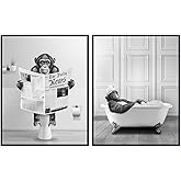 Funny Bathroom Wall Art for Men - Cute Gray Bathroom Accessories - Bath Pictures Decorations - Bath Wall Decor - Monkey Chimp Wall Art - Restroom Sign - Powder room - Picture Set