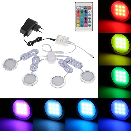 Lixada 4PCS RGB LED Kabinett Licht Installationssatz mit Fernbedienung für Bücherschrank Wandschrank, Dünne Runde Form Unterb