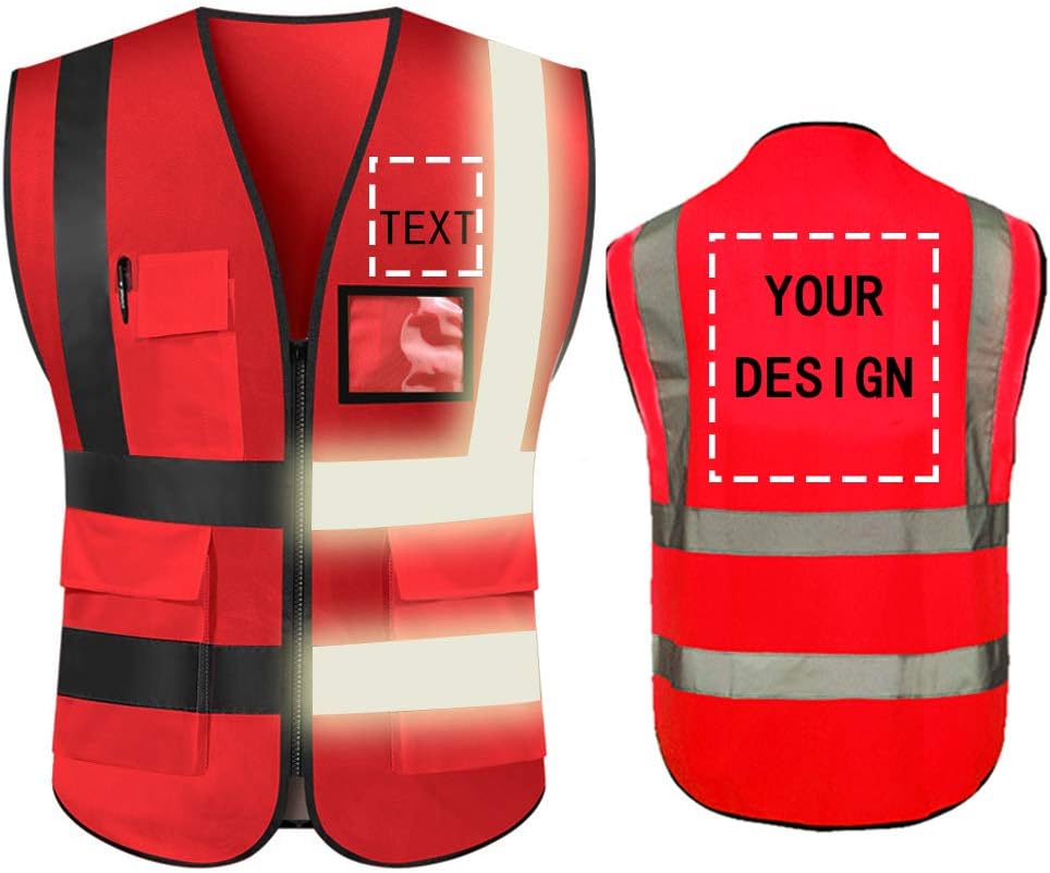 High Visibility Safety Vest Custom Your Logo Protective Workwear 5 Pockets With Reflective Strips Outdoor Work Vest (Red (3XL))
