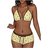 WDIRARA Women's Polka Dots 2 Piece Boyshorts Bikini Set Halter Y2K Swimsuit | Graphic Print,Triangle,Boyshort,Cute Bikinis,Boy Short,Bowknot,Colorblock,Bathing Suit