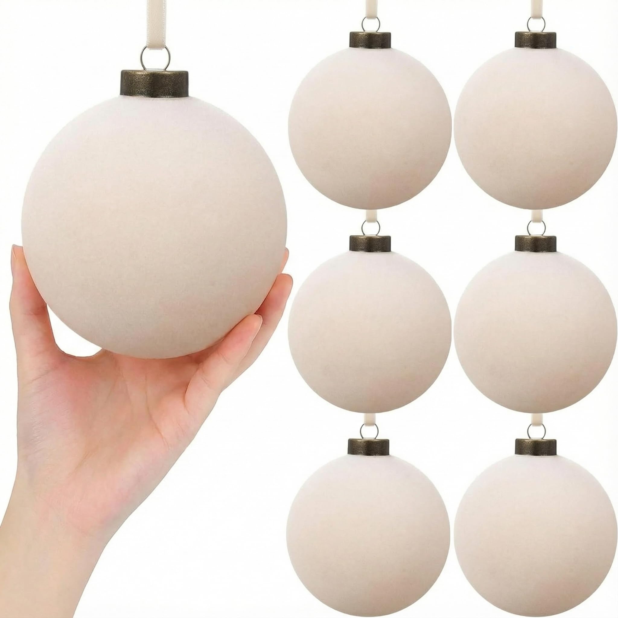 Photo 1 of 6 Pcs Christmas Velvet Balls 4 Inch Large Cream White Flocked Christmas Hanging Ornaments Decor Shatterproof Luxury Handmade Velvet Balls Xmas Tree Ornaments Bulbs for Wedding Anniversary Party