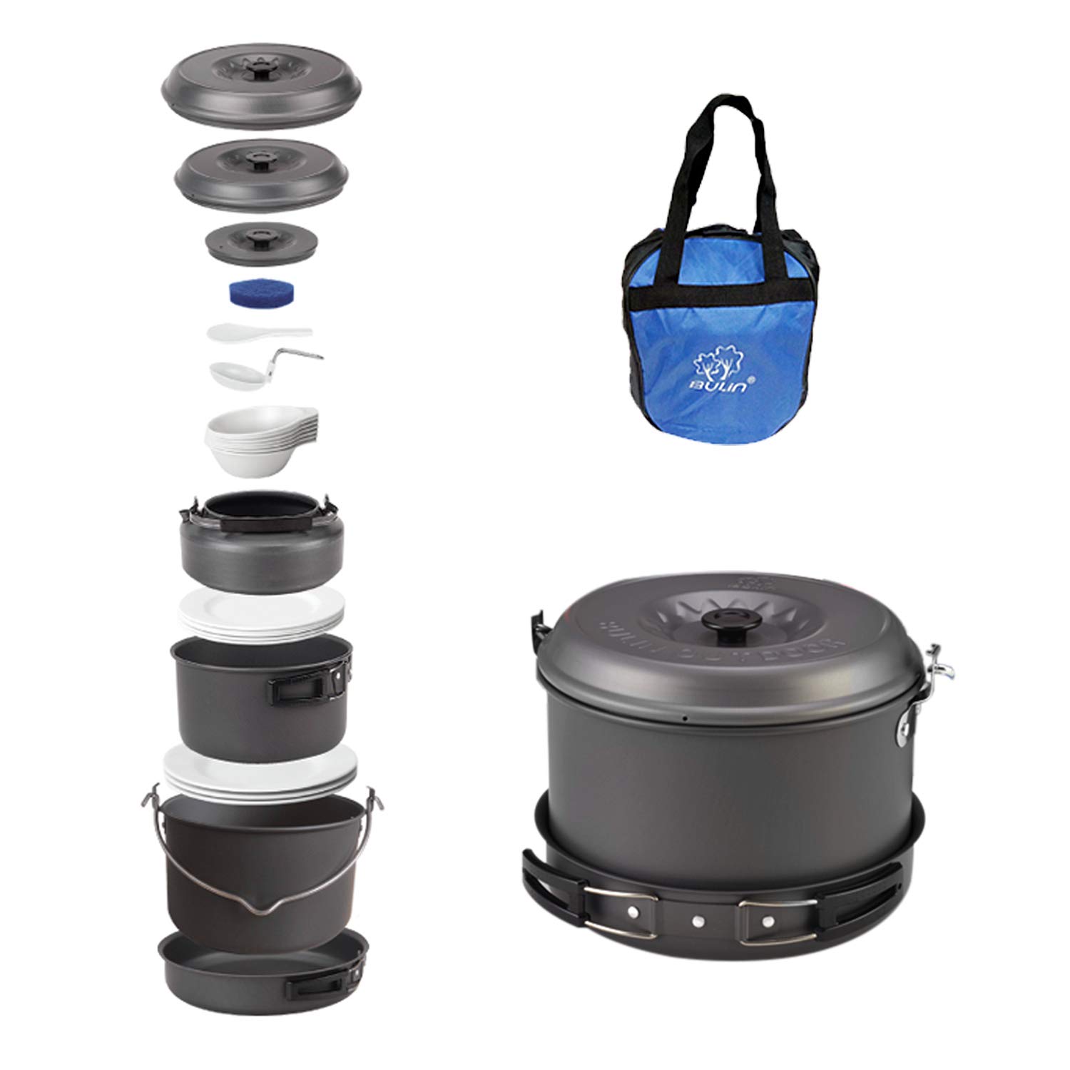 Bulin Camping Cookware Mess Kit, Nonstick Backpacking Cooking Set, Outdoor Cook Gear for Family Hiking, Picnic| Lightweight Cookware Sets(Kettle, Pots, Frying Pan, BPA-Free Bowls, Plates, Spoon)