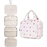 Narwey Hanging Toiletry Bag for Women Travel Makeup Bag Organizer Toiletries Bag for Travel Size Essentials Accessories Cosmetics (Bowknot and Flower (Medium))