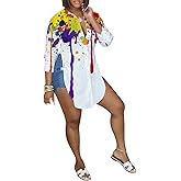 qfmqkpi Women Sexy V Neck Shirts Side Slit Print Long Sleeve Button Down Blouse Tops