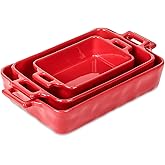 VICRAYS Ceramic Bakeware Set, Porcelain Rectangular Baking Dish, Baking Pan Lasagna Pans Casserole Dish Set for Cooking, Kitchen, Cake Dinner, Banquet and Daily Use, 3 PCS, 15 x 8.5 Inches (Red)