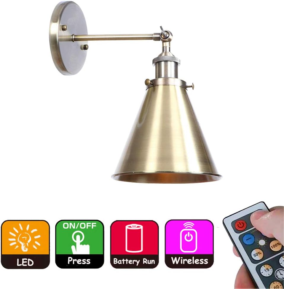 ANYE 1-Pack 100 Lumens Led Remote Control Battery Run Cordless Lamp Plating Polishing Lampshade Wall Sconce for Porch Loft Wall Decor- Easy Installation, Dimmable Control,Battery Not Included