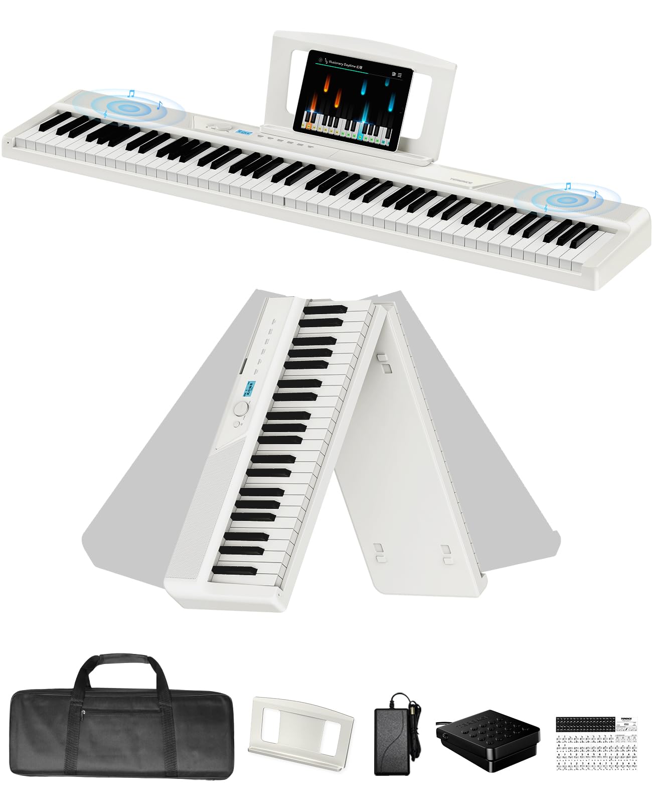 Photo 1 of TERENCE V50 Portable 88 Key Weighted Keyboard,Upgraded Foldable Keyboard Piano 88 Keys with 2*15W Speakers,Touch-Sensitive Panel,Video&Audio Recording,MIDI,Pedal Support for Beginners&Advancer(White)