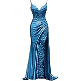 Satin Prom Dresses with Sllit Mermaid Spaghetti Straps Lace Appliques Long Mermaid Formal Evening Gowns for Women