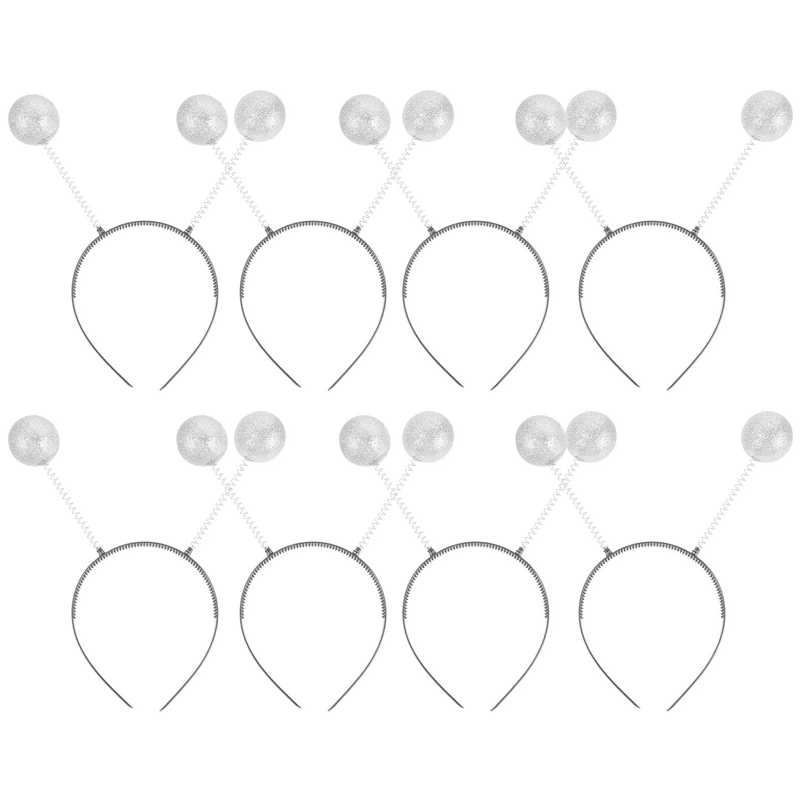 minkissy 8pcs Glitter Ball Boppers Antennas Headband Silver Head Bopper Pompom Ball Hair Bands for Halloween Party Costume Accessory Silver