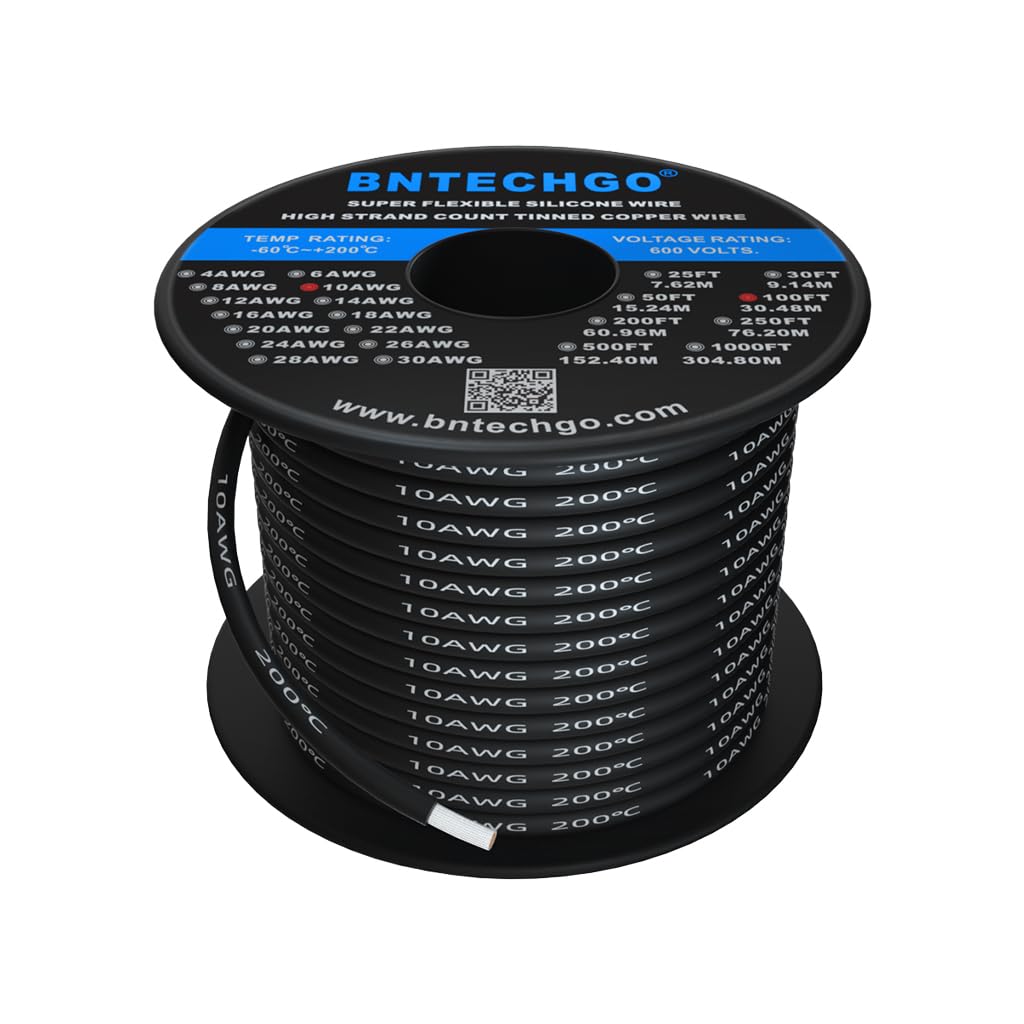BNTECHGO 10 Gauge Silicone Wire Spool Black 100 ft Ultra Flexible High Temp 200 deg C 600V 10 AWG Silicone Rubber Wire 1050 Strands of Tinned Copper Wire Stranded Wire for Model Low Impedance