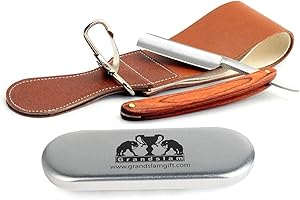 Grandslam Pro Natural Wooden Handle 420 Stainless Steel Straight Razor with Premium Leather Strop,Straight Razor Shaving Kit for Men,2 Layers Leather Canvas Strop Sharpening Strop Brown