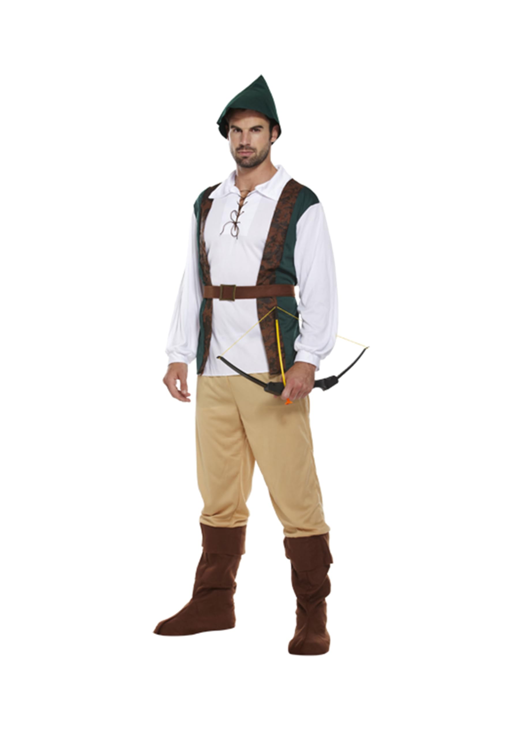 HENBRANDT Adult Men’s Forest Hunter with Pointed Green Hat Fancy Dress Halloween Costume Cosplay Stag Night Woodsman Archer Dress Up Outfit One Size Mens Fancy Dress Costume