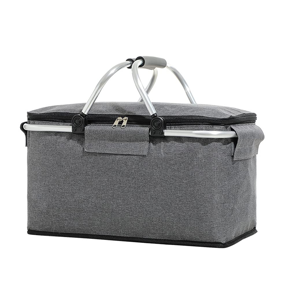 Large Size Insulated Picnic Basket Foldable Cooler Bag Strong Aluminum Frame Waterproof Lining Cooler Box for Outdoor Picnic Camping Hiking Beach Lake Trips Family Vacations 42x23x23cm (Grey)