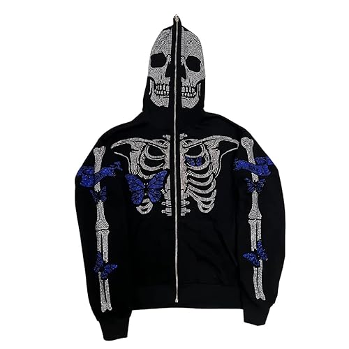 Creaion Rhinestone Butterfly Skeleton Hoodie Y2k Full Zip Up