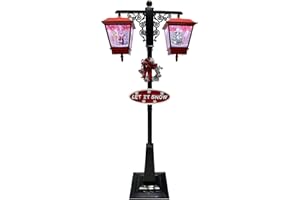 Fraser Hill Farm 74-in. Double Lantern Street Lamp Holiday Light with Santa Claus, Christmas Tree, Sign, Cascading Snow, and Christmas Carols, Festive Holiday Home Decor, Red/Black