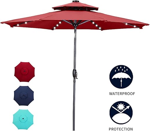 Amazon Com Ainfox 9ft 2 Tiers Solar Patio Umbrella With Led Light Outdoor Market Umbrella 32 Built In Led Lights W Double Vented Umbrella With Auto Tilt System And Simple Crank Operation Red Garden