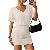 JoyMotion Women's Short Sleeve Ruched Bodycon Dress Casual V Neck Summer Cute Fitted Mini Dress(Cream,Small)