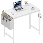 Lufeiya Small White Desk for Small Spaces, 32 Inch Kids Girls Study Writing Desks for Bedroom, Simple Modern Laptop PC Little Side Table with Storage Bag Headphone Hook, White