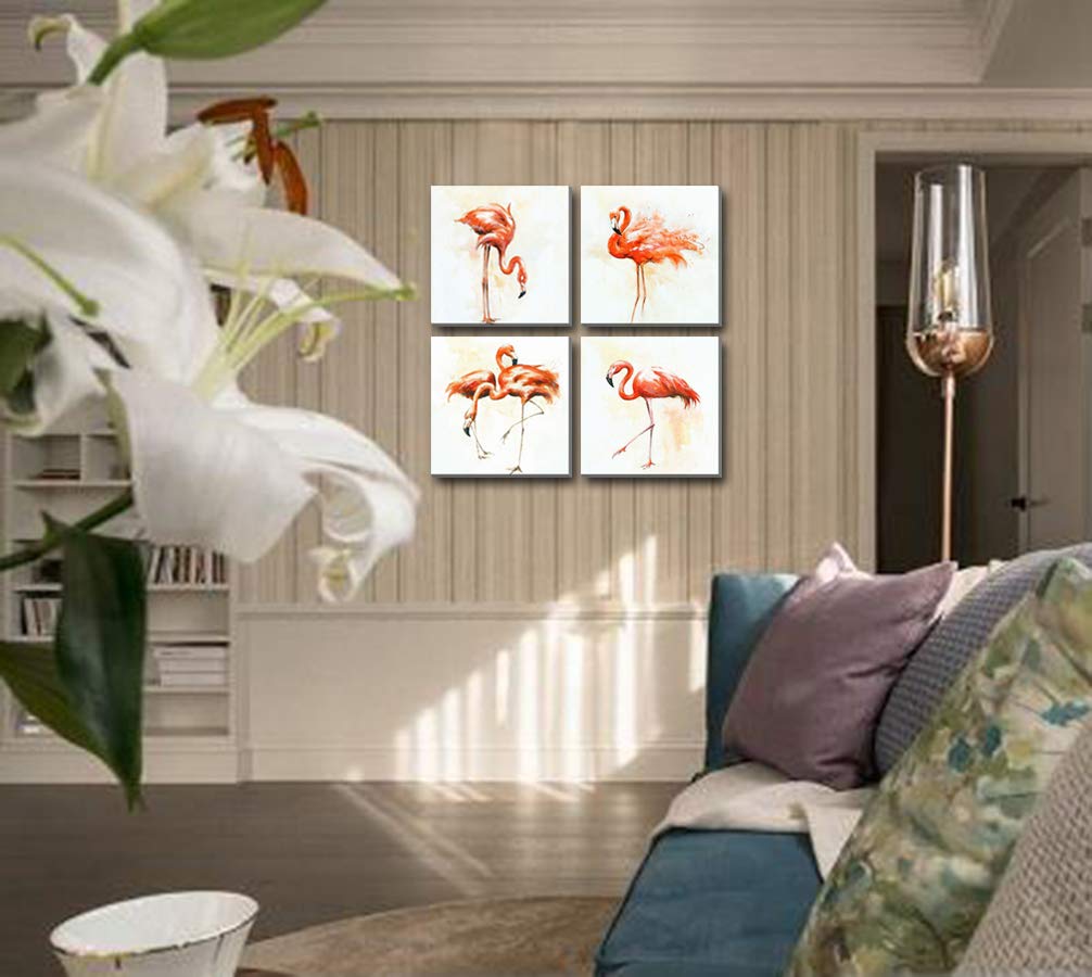 Hongwu 4 Piece Canvas Wall Art Flamingo Painting Modern Canvas Art Prints Bird Pictures on Canvas Stretched and Framed Ready to Hang for Home Decoration Wall Decor 12x12inch