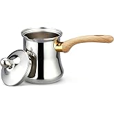 SANQIAHOME Turkish Coffee Pot 720ml (24oz), Stainless Steel Cezve with Lid | One-Piece Seamless Body, Heat-Insulated Wood-Grain Handle, Gas &amp; Electric Stovetops