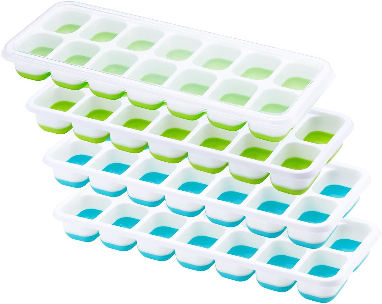 OMORC Easy-Release BPA-free Silicone and Flexible 14-Ice Trays with Spill-Resistant Removable Lid (Blue and Green) -Pack of 4