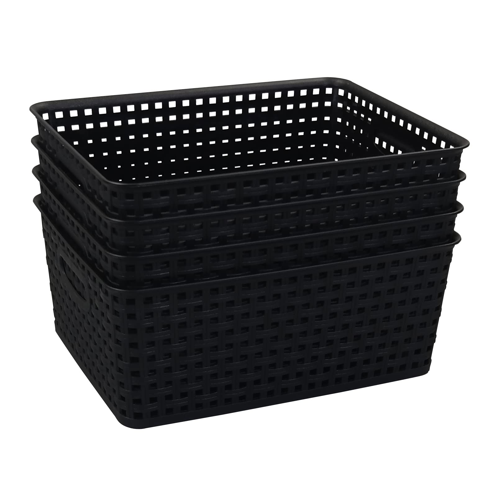 Morcte 4-Pack Plastic Storage Weave Baskets, Plastic Shelf Baskets, Black